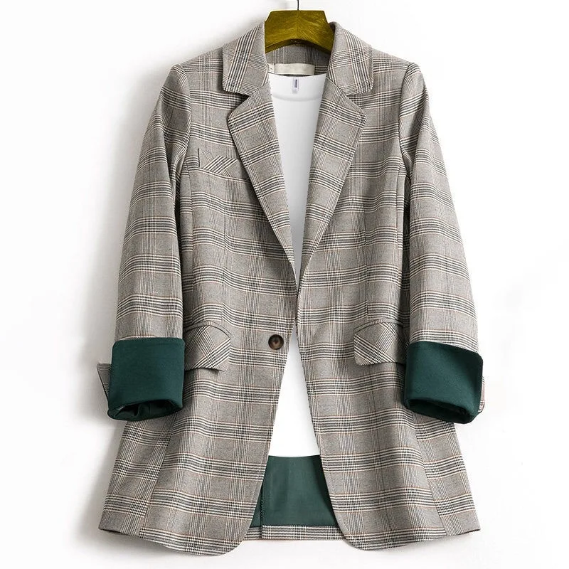 

Женский офисный костюм для интервью, новый деловой клетчатый Повседневный блейзер с длинным рукавом и V-образным вырезом, клетчатая куртка ...