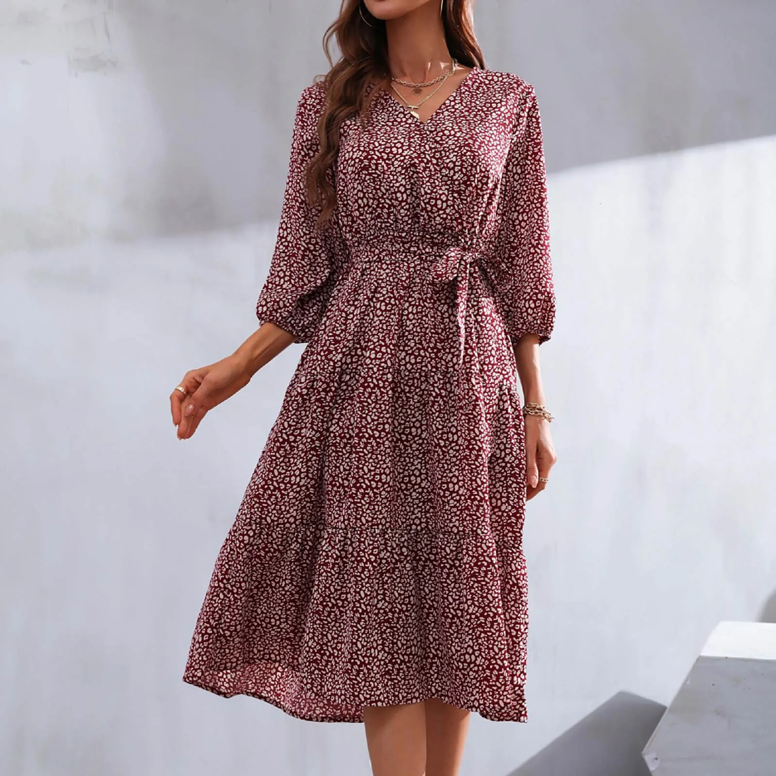 

Loose V Neck Long Sleeve Lady Elegant Leopard Print Causal Long Dress Midi Dresses for Women Casual Summer