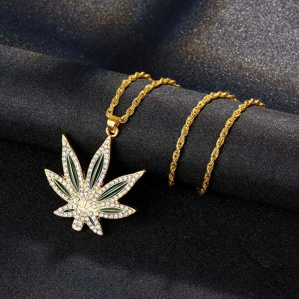 

Rhinestone Weed Pendant Necklace Men Maple Leaf Necklaces Punk Hiphop Gold Color Chains for Boys Male Steampunk Jewelry