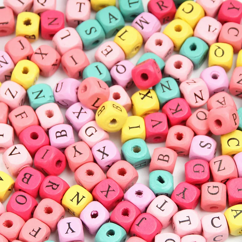 

100pcs 10mm Random Alphabet Wood Spacer Letter Beads Colorful Square Wooden Beads For Jewelry Making DIY Bracelet Necklace