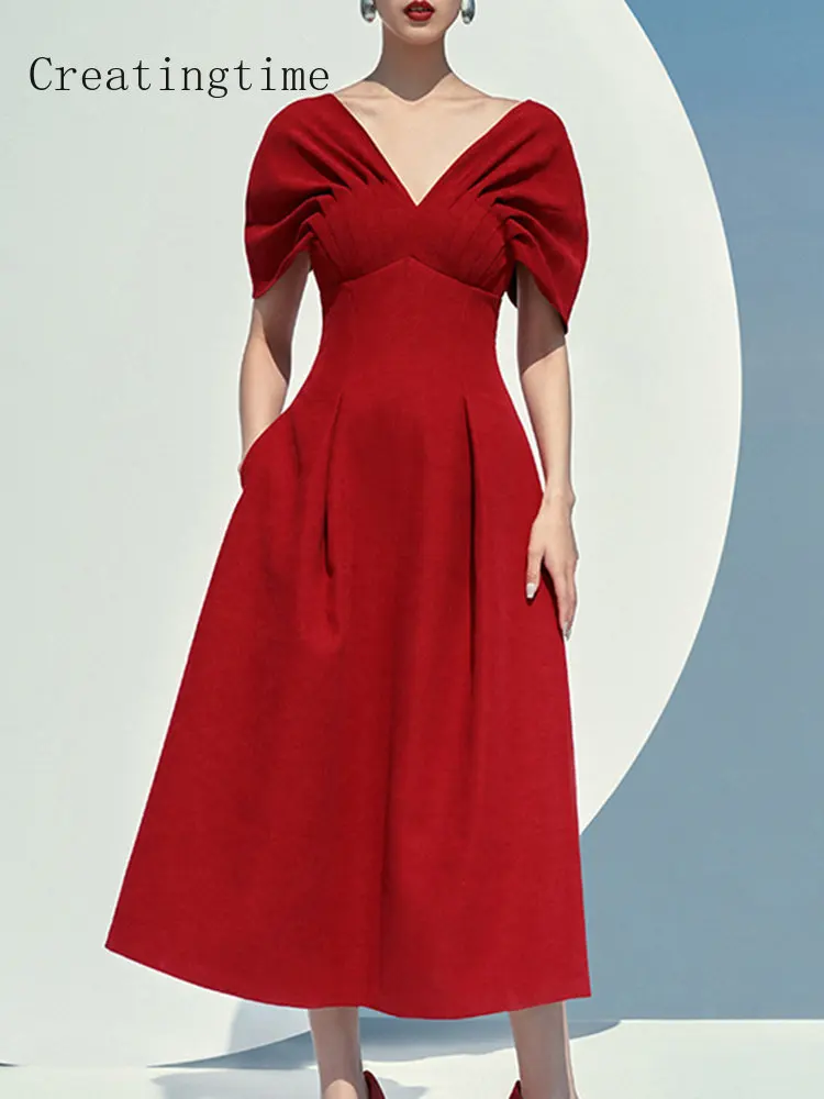 

Elegant High Waist Pleated Long Dress Womens Spring Summer 2023 New Solid Raglan Sleeves Slim V-neck Zipper Female Dresses 1A604