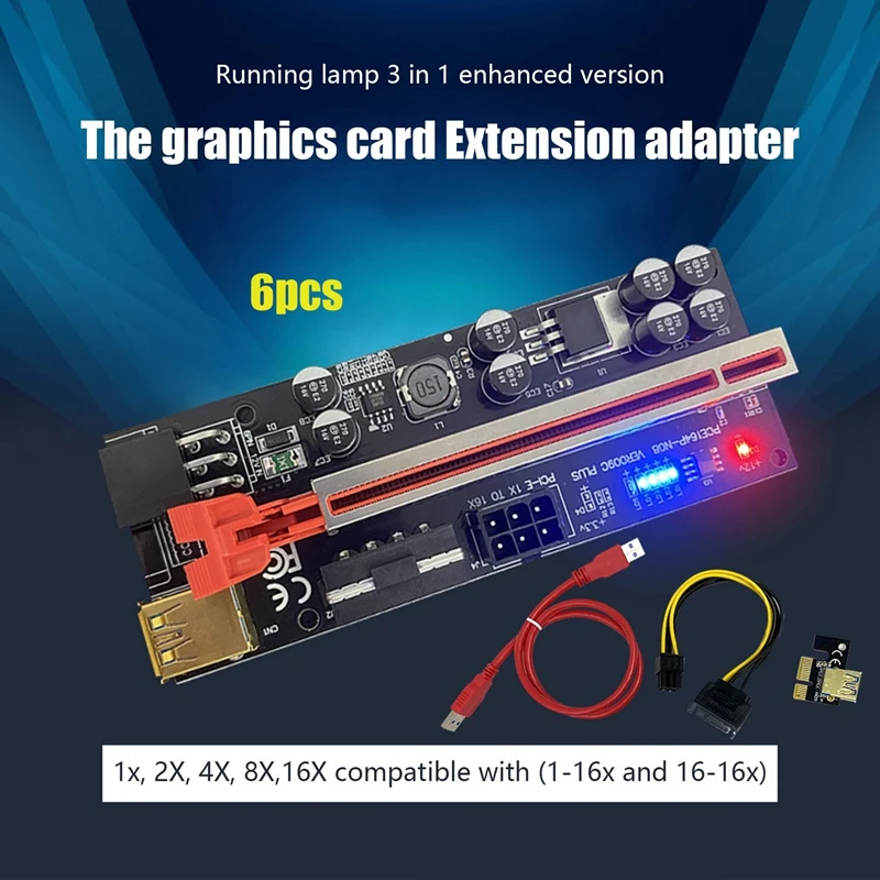 

6PCS VER009 Plus SATA Card Adapter with LED Light 8 Solid Capacitors PCIE 1X to 16X PCIE Riser Card USB 3.0 Cable