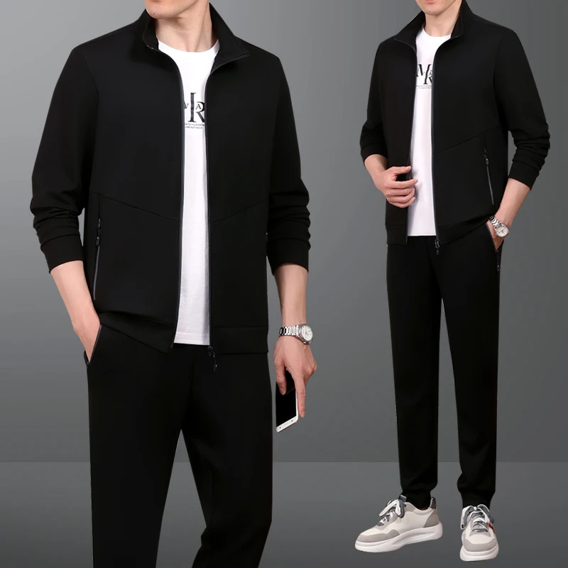 6XL Spring Men Sportswear Tracksuit Cotton Loose Korean Zipper Pocket Jacket+Pant Running Jogger Casual Workout Set Outfits Suit