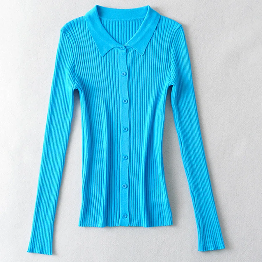 

Jenny&Dave England Style Basic Rib Knitted Fashion Simple Office Lady Spring Sheath Polo Collar T shirts Women Tops