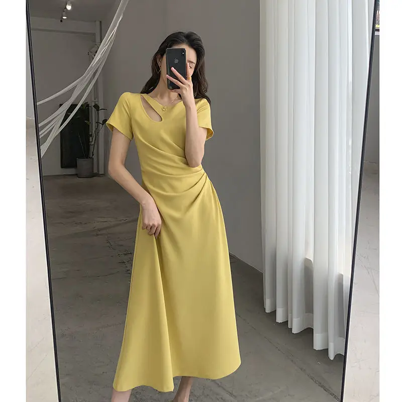 

Summer New Hollow Out Solid Slim Long Dresses O Neck Short Sleeve Pleated A-line Skirt Simplicity Fashion Women Clothing