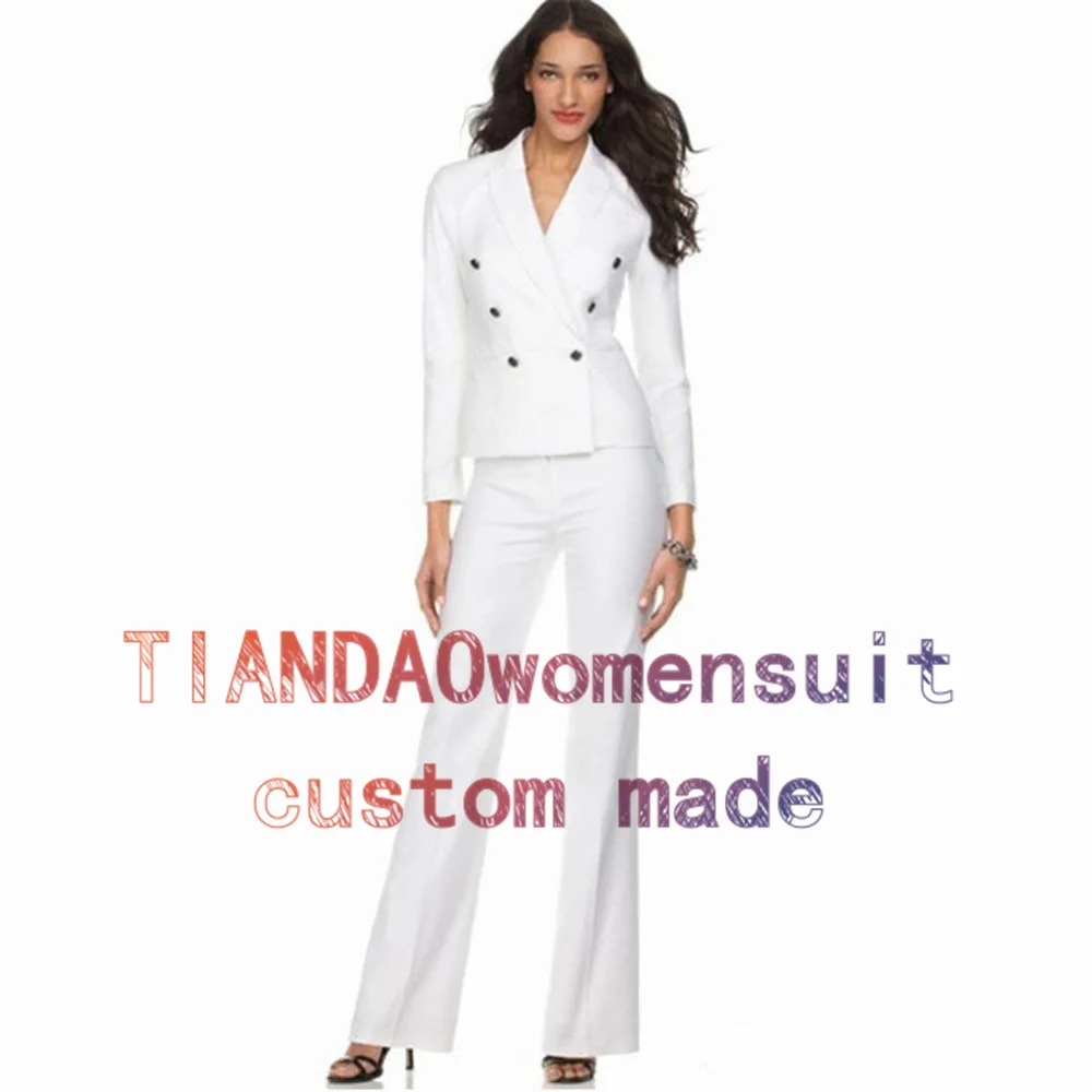 White Women's Suit 2 Piece Double Breasted Jacket Pants Set Formal Business Workwear Ladies Blazer Trousers