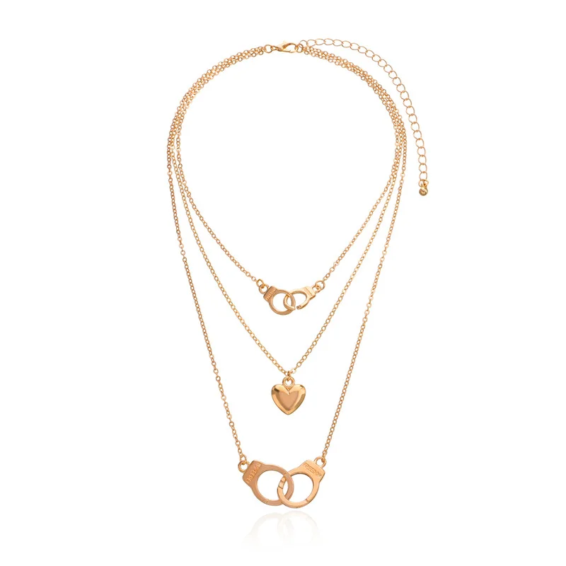 

Винтажное многослойное ожерелье-чокер с подвеской в виде сердца, наручников, цепочки для женщин и девушек, золотистого и серебристого цвета...