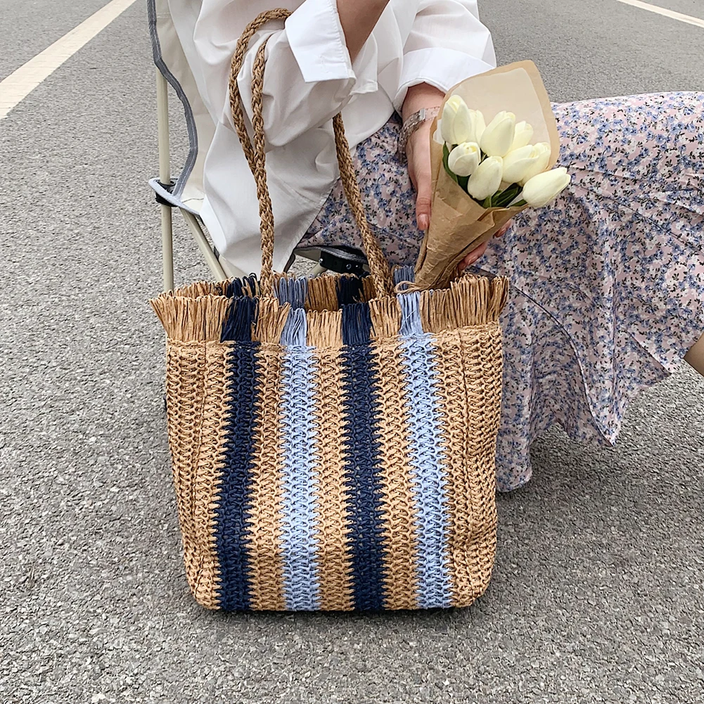 

Fashion Straw Woven Shoulder Bag Stripes Handmade Summer Beach Travel Holiday Shopper Bag Women Totes Brand Designer Handbags
