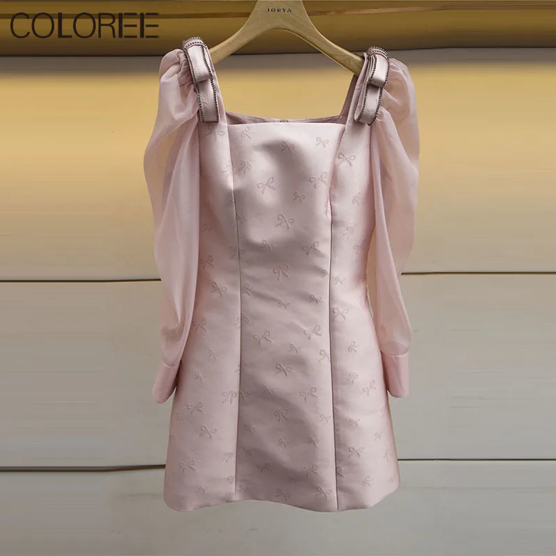 

Vintage Crystal Pink Black Mini Party Dress 2022 Spring Elegant Long Sleeve Jacquard Long Sleeve Slim Dress Short Vestidos