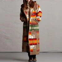 women vintage printing wool blends elegant winter coats long overcoat female loose thicken single breasted casual hooded jackets