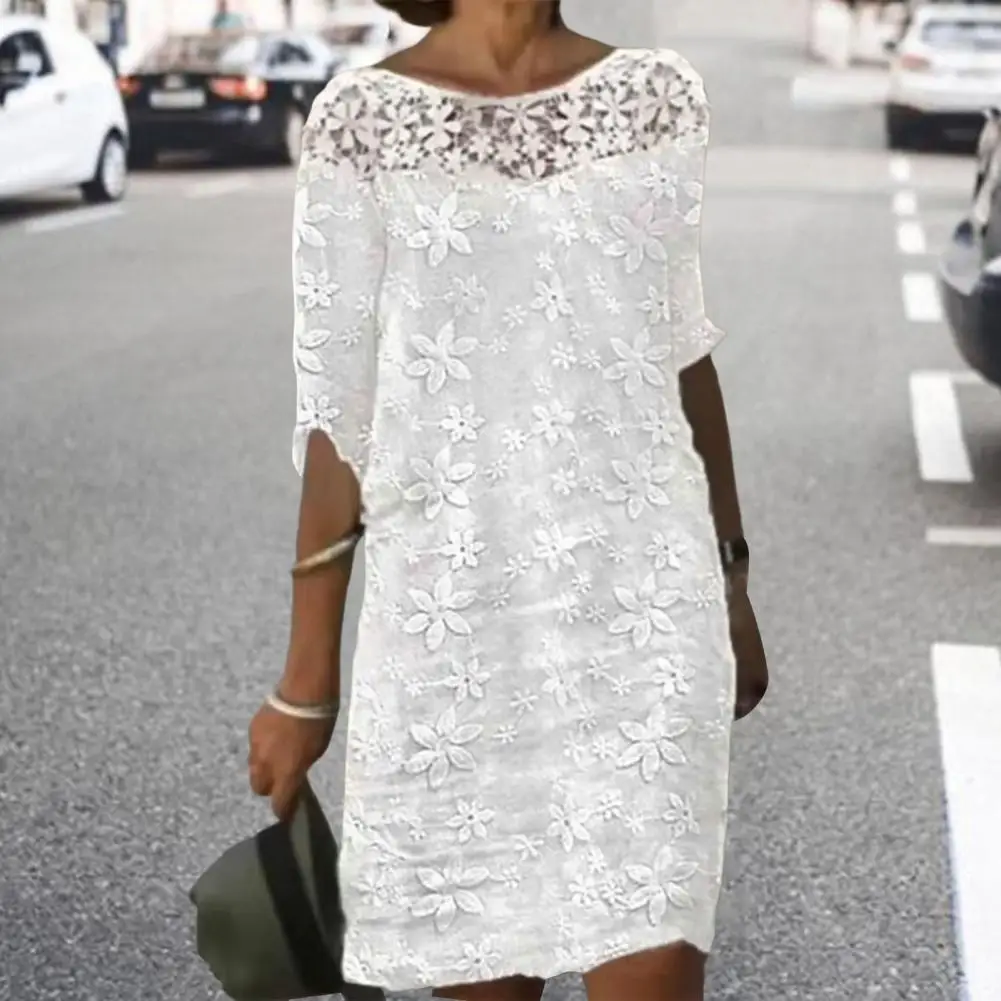 

Women Dress Elegant Lace Stitching Beach Dress Embroidery Flower Summer Ladies Dress Vintage Hollow Out Mini Dress Streetwear