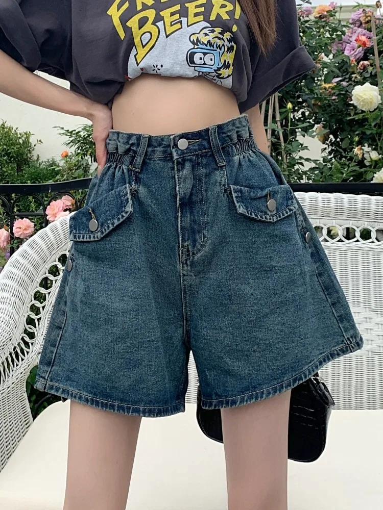 

GUUZYUVIZ Summer Women Shorts Thin High Waist Denim Curled Wide Leg Short Feminino Cotton Vintage Blue Black