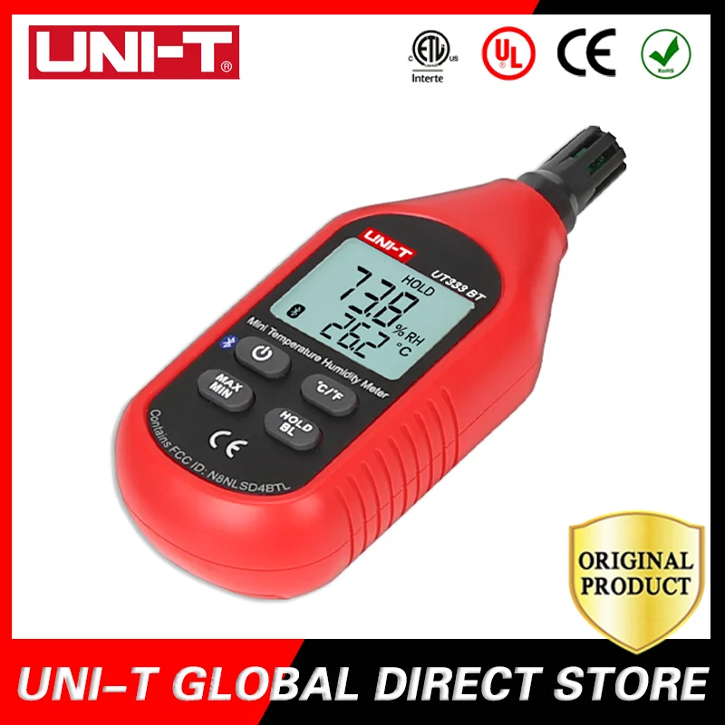 UNI-T Mini Temperature Humidity Meter Light weight ergonomic design user-friendly interface MAX/MIN modes UT333BT