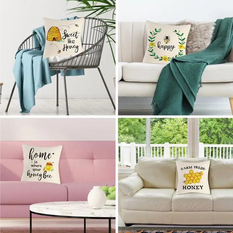 

Bee Day Cushion Cover Flax Cute Pillow Case Throw Home Decorative Sofa Happy Day Sweet Honey Animal Pillowcase