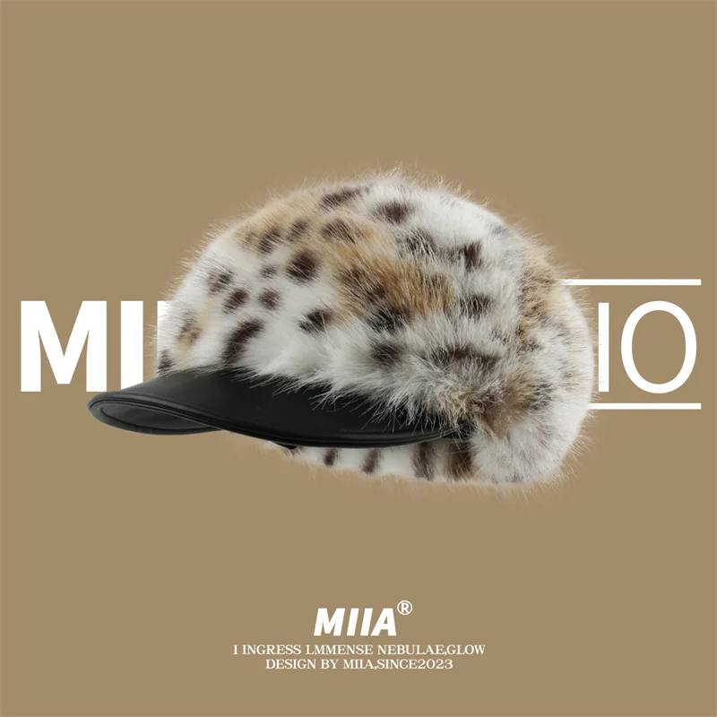 

Оригинальный дизайнерский меховой восьмиугольный берет с короткими полями и леопардовым принтом, женский модный Зимний берет в японском и корейском стиле с язычком утки