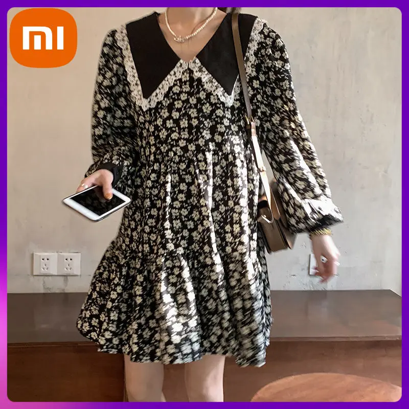 

Xiaomi Floral Dress Women Lace Patchwork Long Sleeve Short Dresses Sweet Peter Pan Collar Ruffles Loose Elegant Spring Autumn