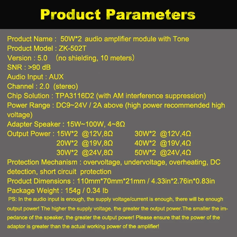 

2022 New 5.0 Bluetooth-compatible DC9-24V Dual Channel Digital TPA3116D2 50W x 2 Treble Bass Amplifier Board
