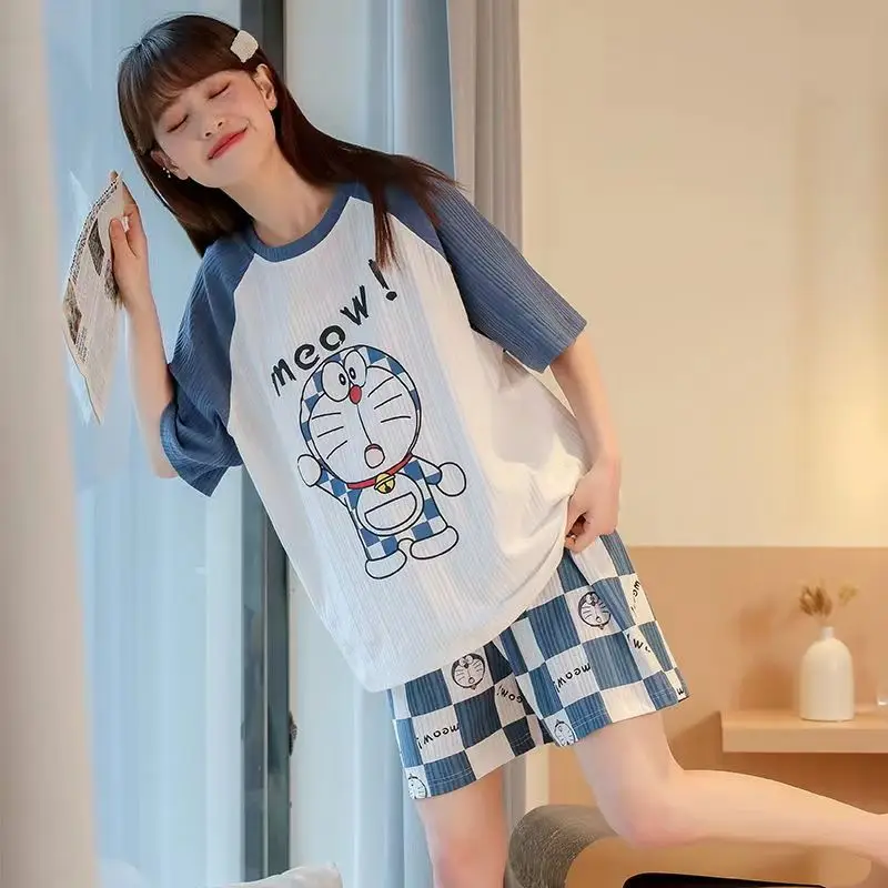 Summer 2 Pieces Pyjama O Neck Tops with Shorts Anime Print Pajamas for Woman Girls Kawaii Home Cloth Harajuku Room Shirts Mujer