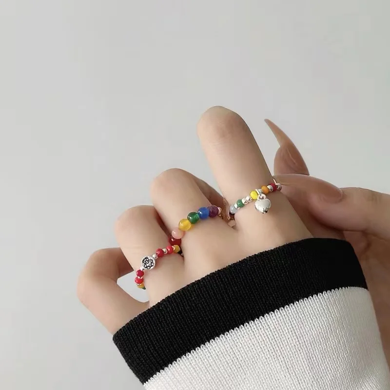 

Personalized Contrast Beaded Elastic Rings For Women Girls Aesthetic Bear Heart Smiling Face Index Finger Rings Female Jewelry