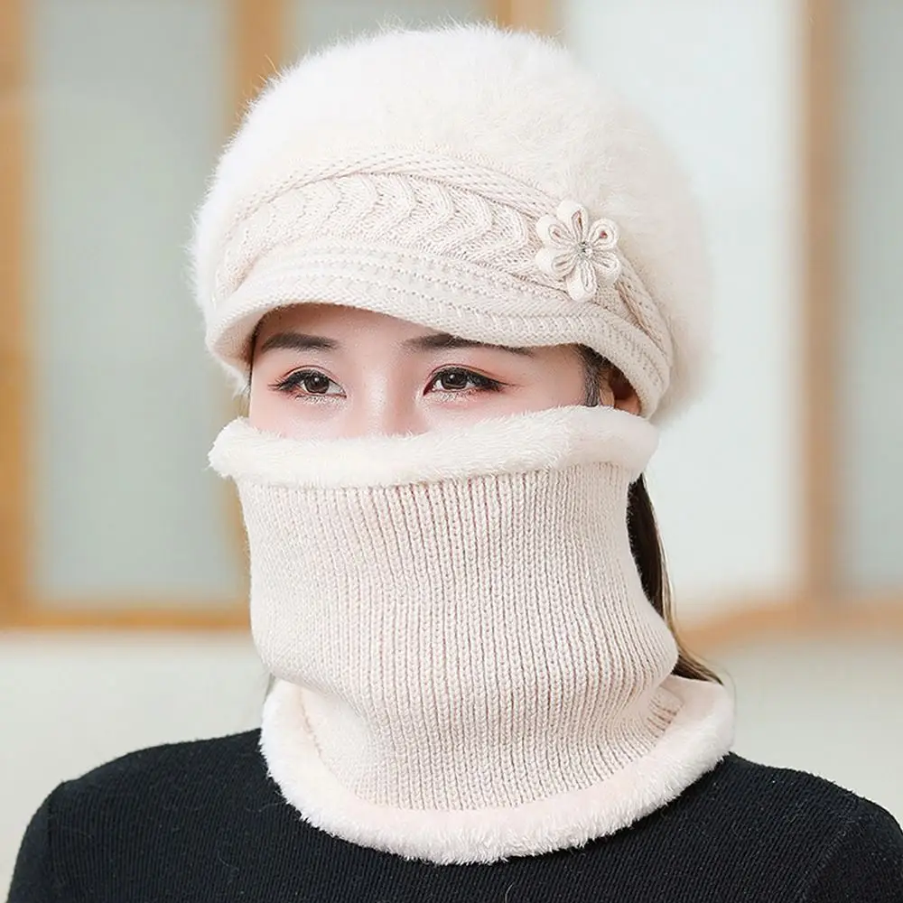 

1 Set Women Keep Wainter Warm Winter Hat Cap Add Fur Lined Hats Scarf Hat Casual Rabbit Fur Knitted Bucket Beret Hat Kit