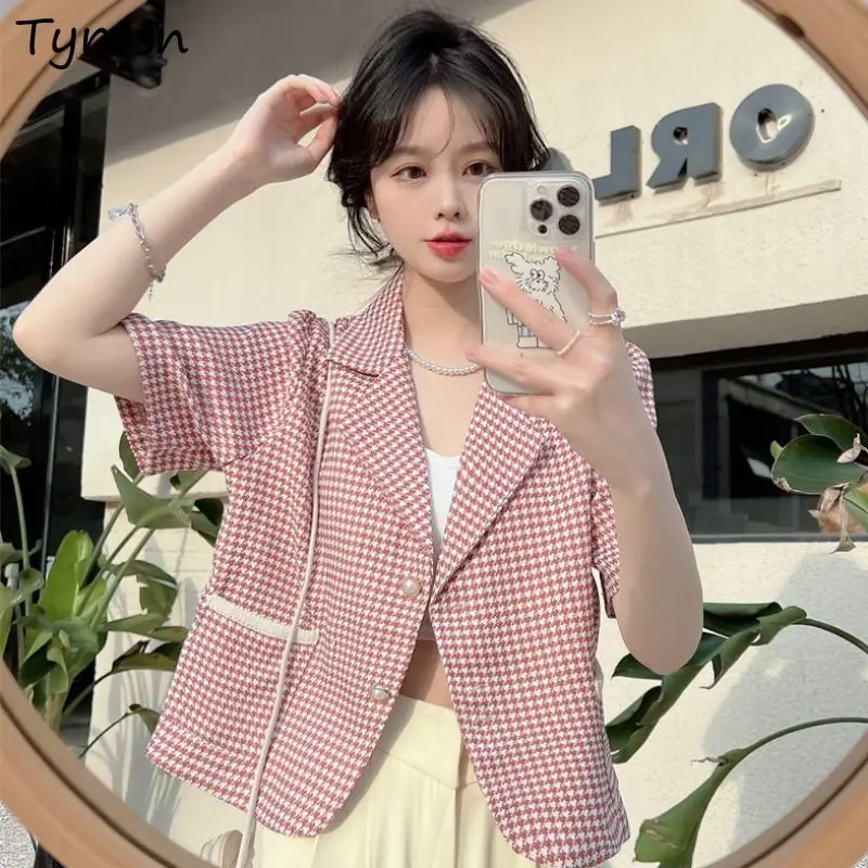

Summer Blazers Women Crop Elegant Fashion All-match Sweet Houndstooth Leisure Korean Style Ladies Pocket Straight Simple Notched