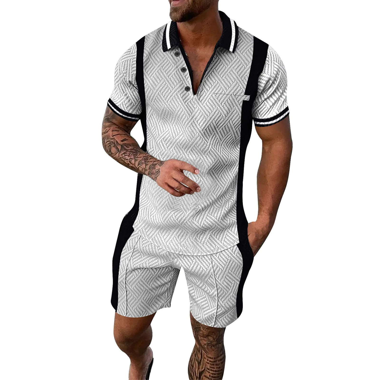 Men Stripe Print 2 Piece Suit Letter Print Polo Shirt Solid Color Quick Dry Shorts Male Set Ropa Hombre Streetwear Conjuntos