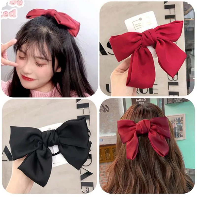 

Solid Color Bow Women Silk Scrunchie Fashion Vintage Cross Hairclips Hairpins Girls Sweet Headwear Big Size Makeup Barrettes