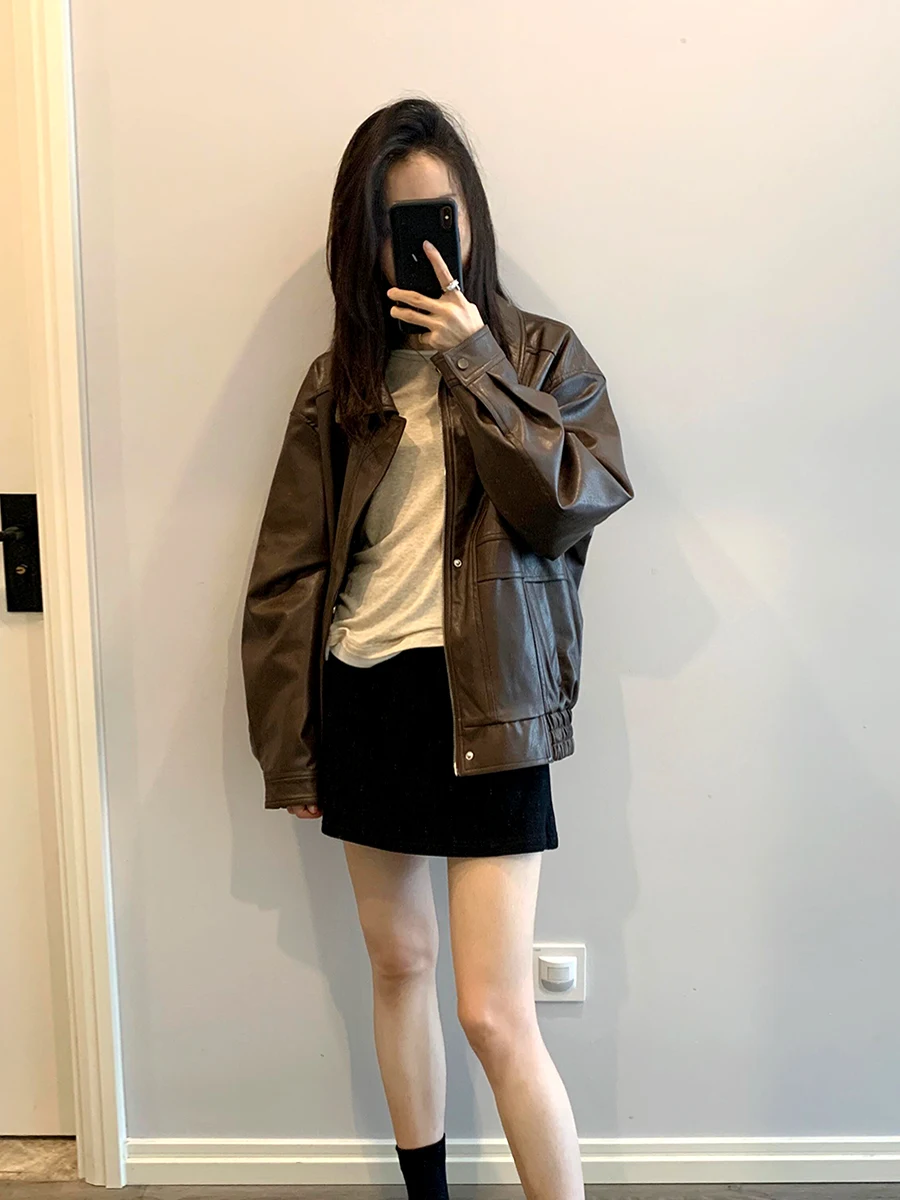 Американская осенняя мотоциклетная кожаная куртка в стиле ретро женская