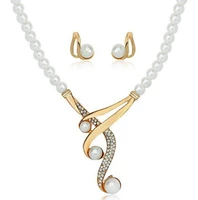 lamyesi fashion pearl necklace earring set for women metal inlaid rhinestones bridal wedding banquet luxury neck jewelry design