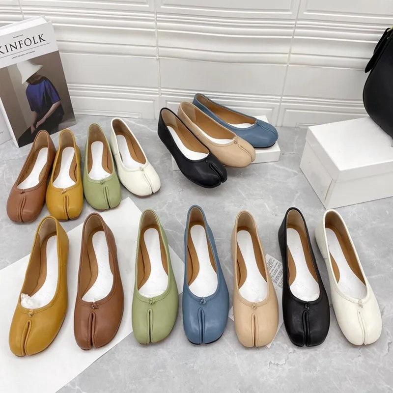 2022 new sheepskin split toe single shoes women's leather flat bottom pig's hoof grandma shoes shallow mouth ballet Lefu shoes