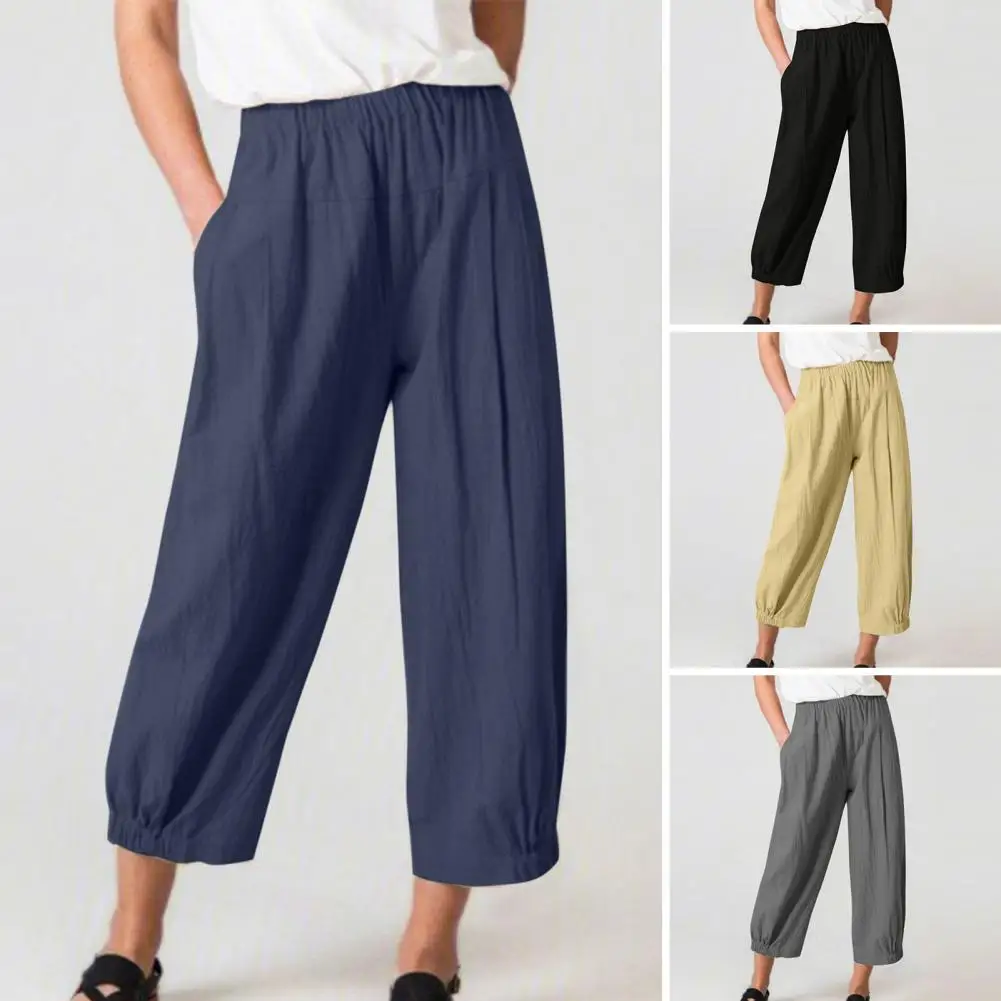 

Women Casual Pants Spring Summer Loose Cotton Linen Overalls Lady Wide Leg Pants Female Trousers with Drawstring