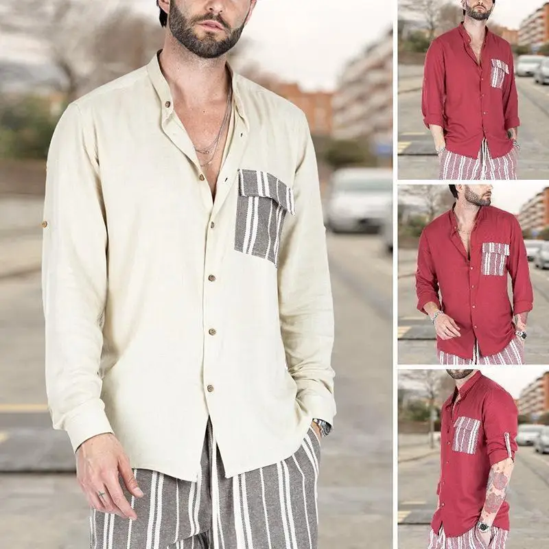 

Spring Autumn Cotton Linen Poctket Shirts For Men Casual Long Sleeved Blouses Solid Turn-Down Collar Formal Beach Male Clothing