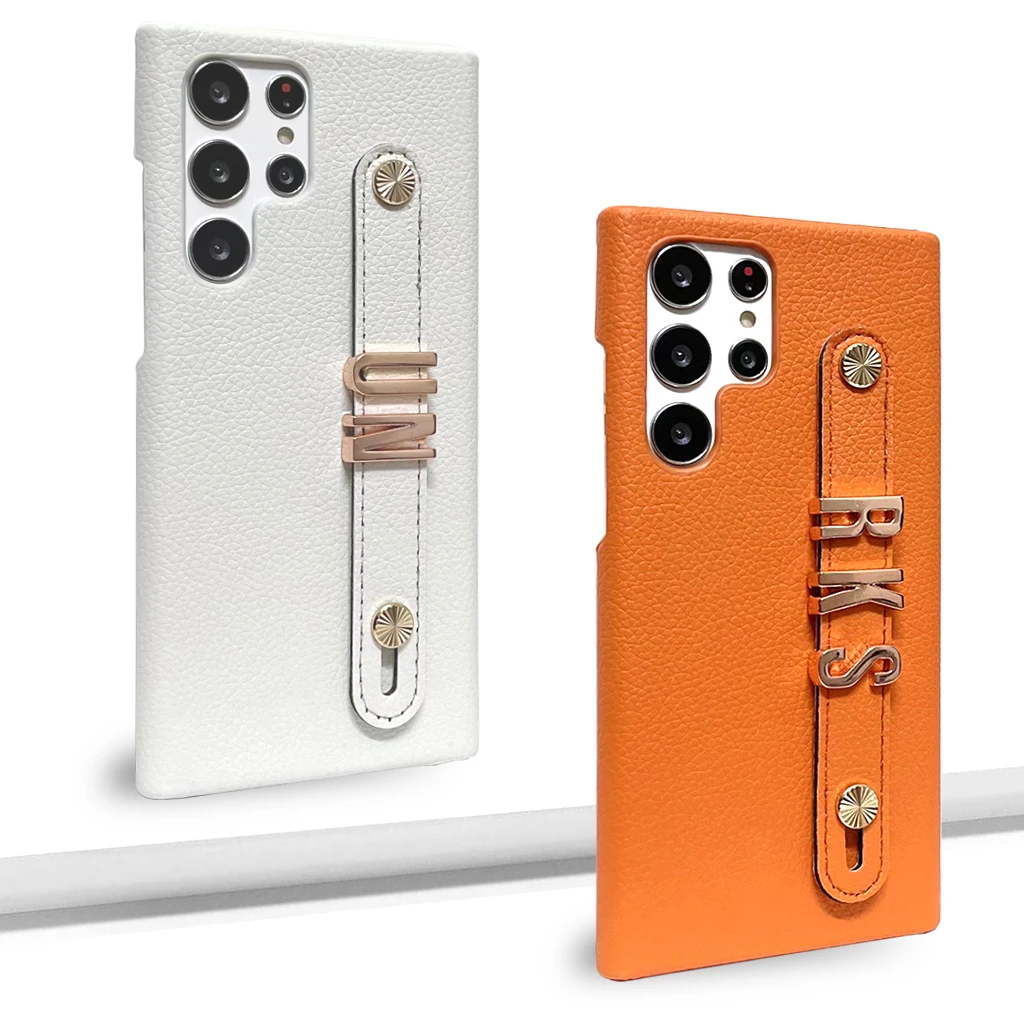 Luxury Leather Custom Name Rose Gold Metal Letters Phone Case For Samsung S20 S21 Fe S22 Plus Note20 Ultra Holder Personalized