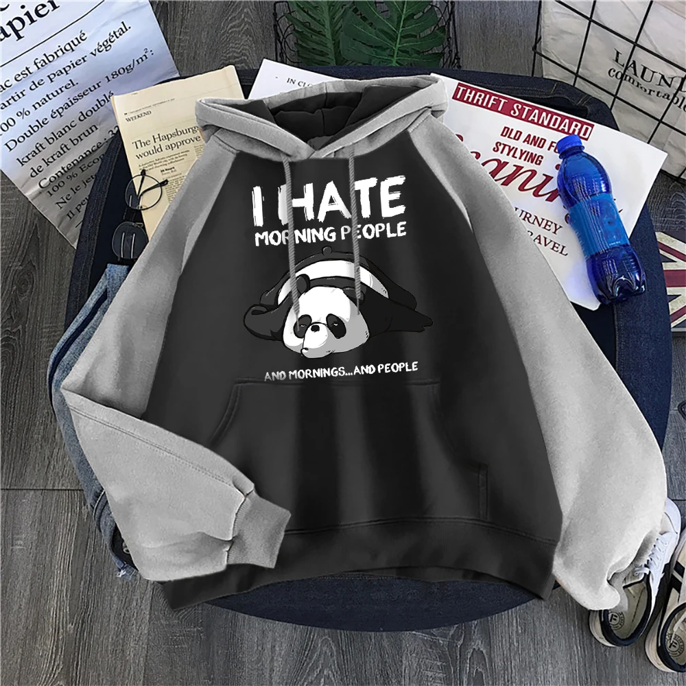 Худи женское повседневное с круглым вырезом и капюшоном принтом ленивая панда