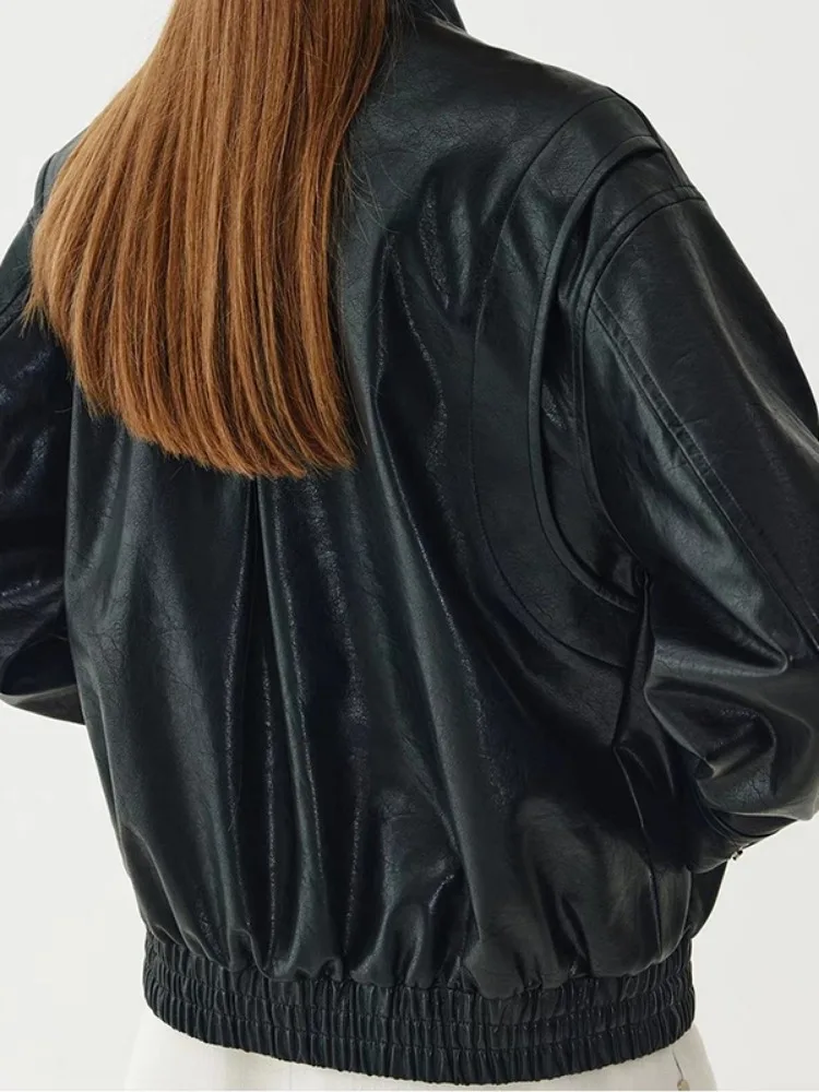 Freeacy 2024 новые женские крутые пальто из искусственной кожи с воротником-стойкой и