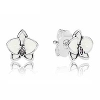 authentic 925 sterling silver sparkling white purple orchid with crystal stud earrings for women wedding gift fashion jewelry