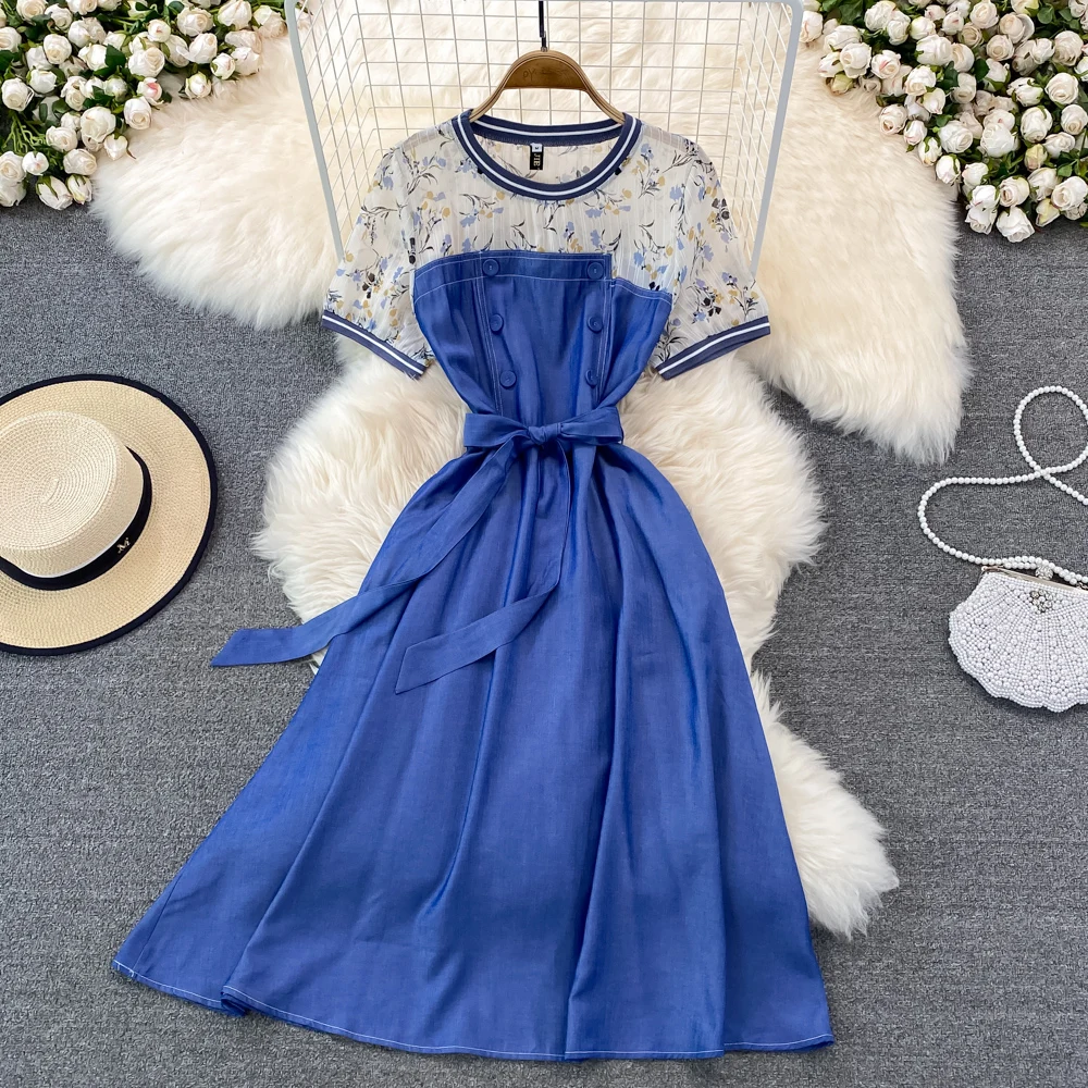 

High Sense of Celebrity Temperament Round Neck Chiffon Floral Splicing Denim Dress Elegant Bandage A-line Large Swing Dress