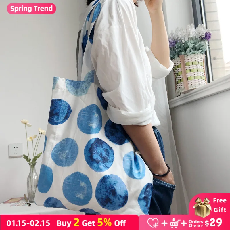 

Blue Wave Point Women Large Casual Tote Handbags Shopping Bags Cotton Cloth Ladies Shopper Bags Female Thin Canvas Shoulder Bag