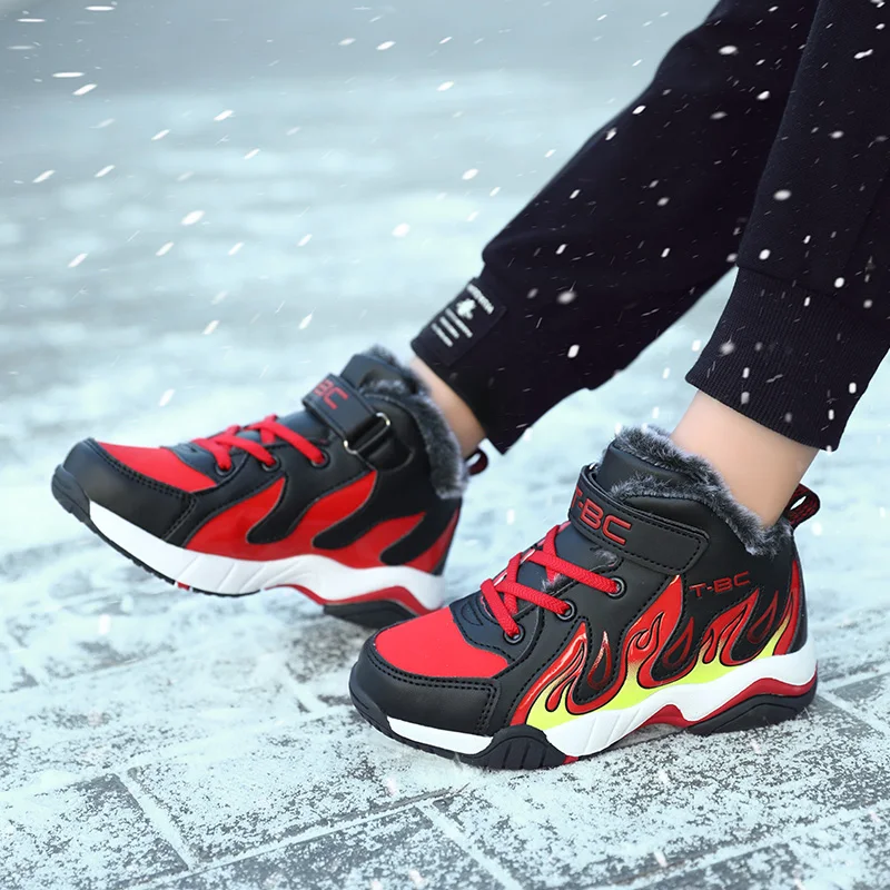 Children Warm Sport Shoes Boys Sneakers Winter Fashion Pu Leather Waterproof Boots Anti-Slippery Comfortable Footwear Big Kids