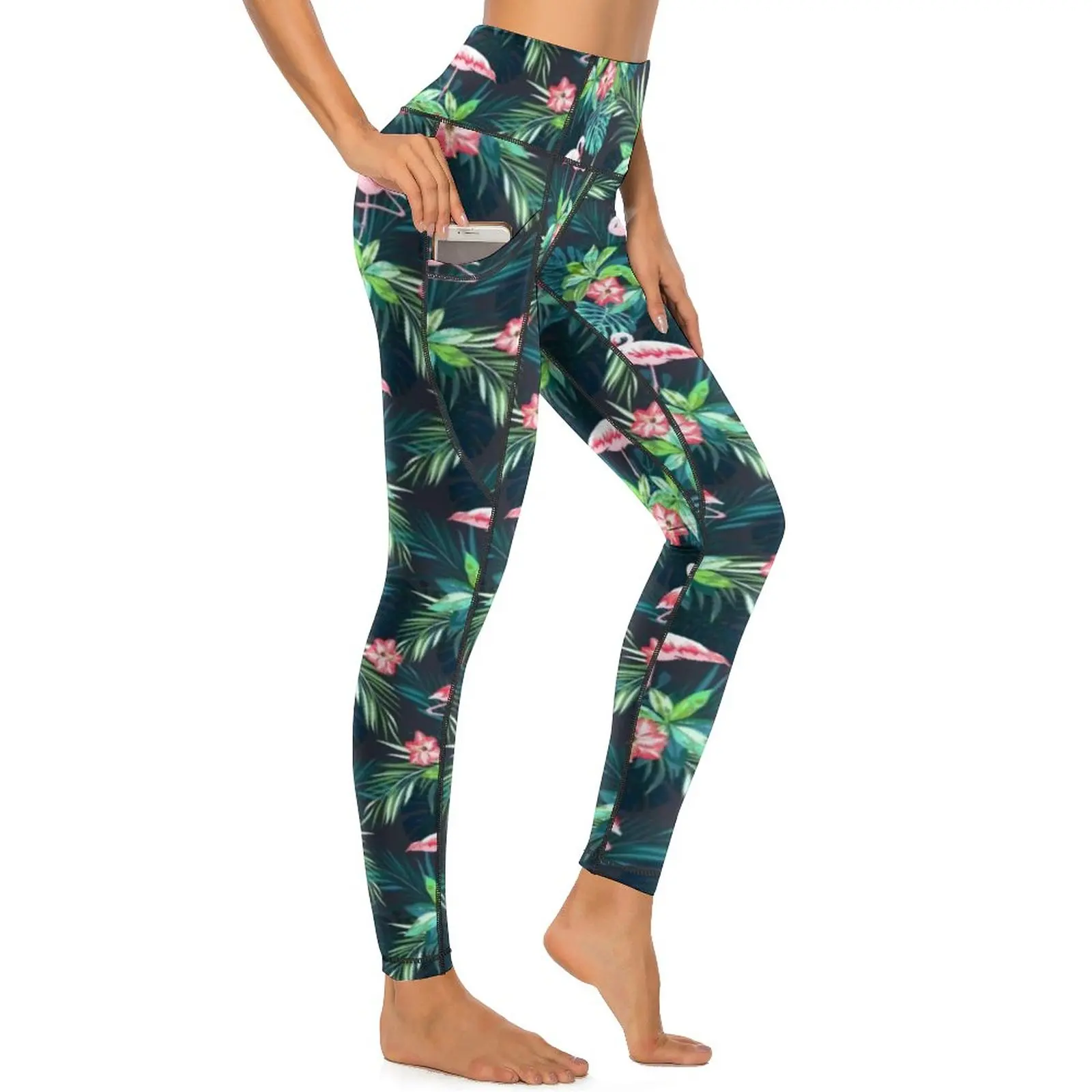 

Tropical Palm Leaves Design Leggings Bright Flamingos High Waist Yoga Pants Sweet Stretchy Leggins Design Work Out Sport Legging