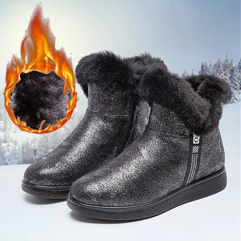 Shiny Snow Boots for Women Casual Woman Shoe Suede Winter Ankle Boots Zipper Female Plush Furry Boots Platform Botas Mujer