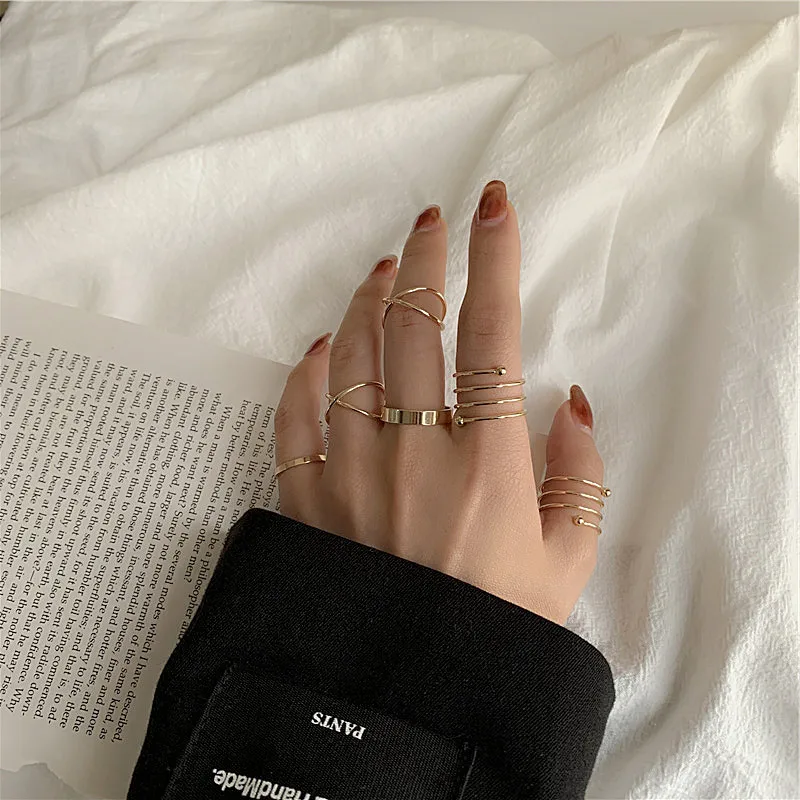 New Punk Finger Rings 6pcs/set Minimalist Smooth Gold/Black/Silver Geometric Metal Rings for Women Girls Party Jewelry