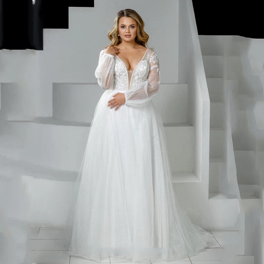

Sexy Deep V-Neck Wedding Dress For Bride Lace Applique Full Sleeves Bride Gown A-Line Sweep Train Vestido De Noiva Plus Size