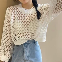 womens sexy pink knit hollow blouse sweater summer fashion pullover sunscreen knitwear see through harajuku oversized sweater