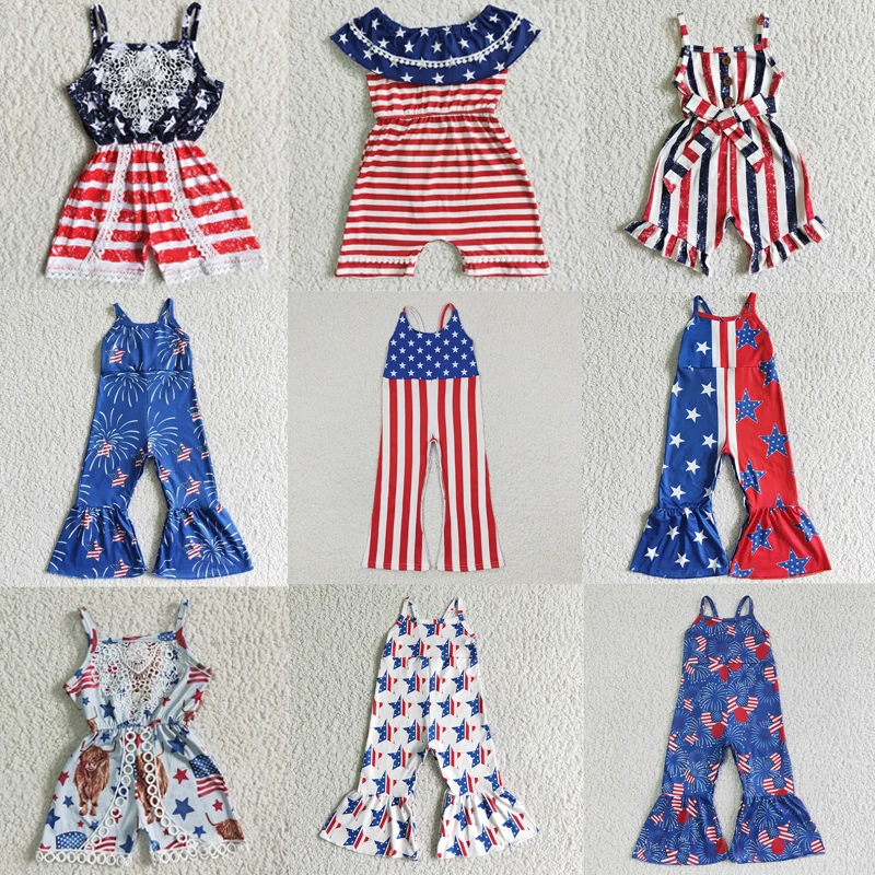 

Wholesale Infant Summer July 4th Stars Slip Jumpsuit Toddler Children Blue Red One-piece Baby Girl Kid independence New Clothing