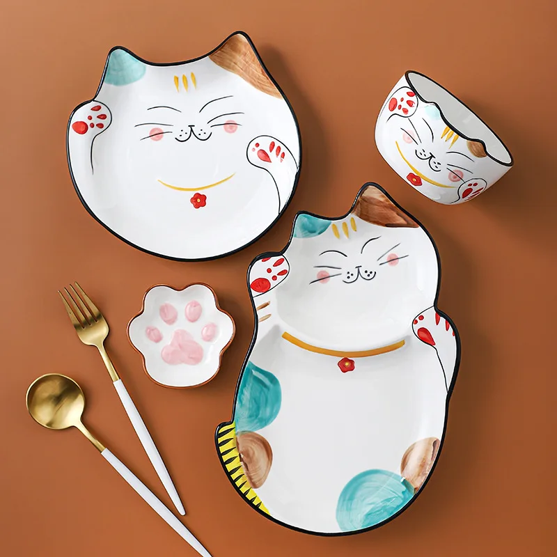 

Cute Cat Ceramic Tableware Cartoon Hand-painted Underglaze Color Dish Fish Plate Rice Bowl Flavor Plate Children's Tableware