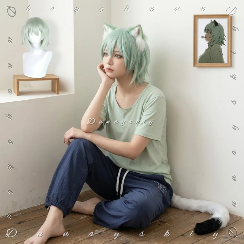 Фото Костюм для косплея Sato Yaniko Chainsmoker: зеленые пушистые кошачьи уши и хвост, парик, обувь, полный комплект, аниме-персонаж Яни Неко, Хэллоуин №1