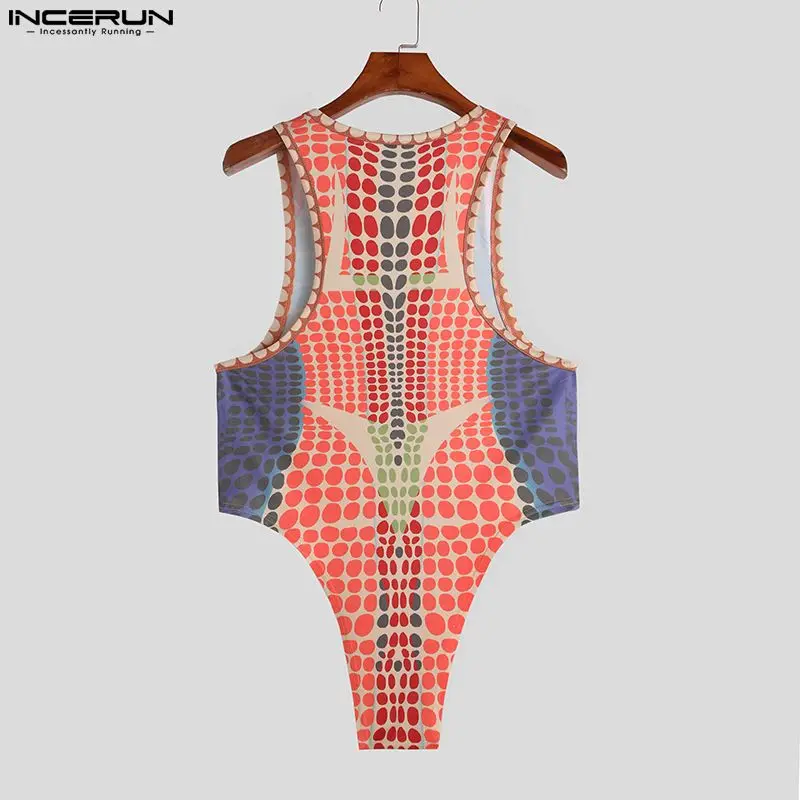 INCERUN Men Bodysuits Printing Colorful O-neck Sleeveless Streetwear Tank Tops Rompers Men 2023 Fitness Summer Bodysuits S-5XL