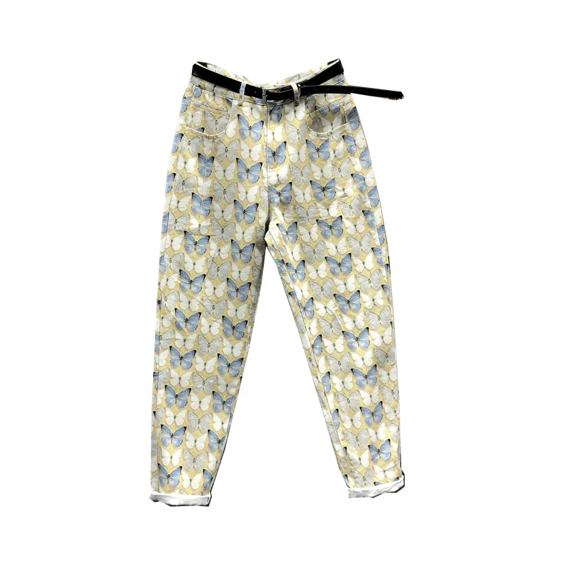 European Station 2023 Spring New Fashion Butterfly Print Pleated Jeans Fashion Women's Loose Slimming Ankle-Tied Harem Pants