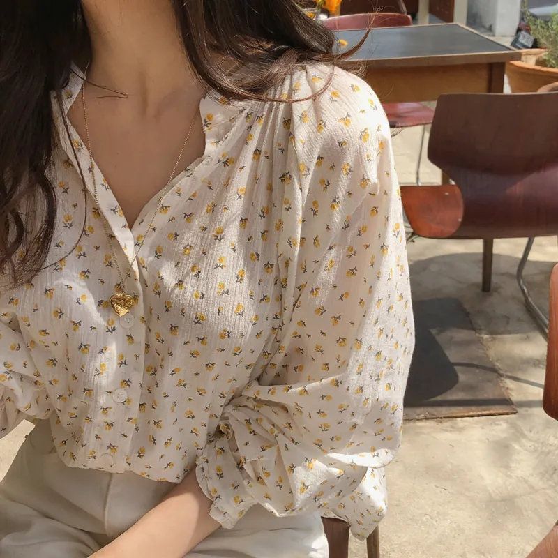 

Fashion Thin Floral Tops V-neck Long Sleeve Women Shirt Casual Blouse